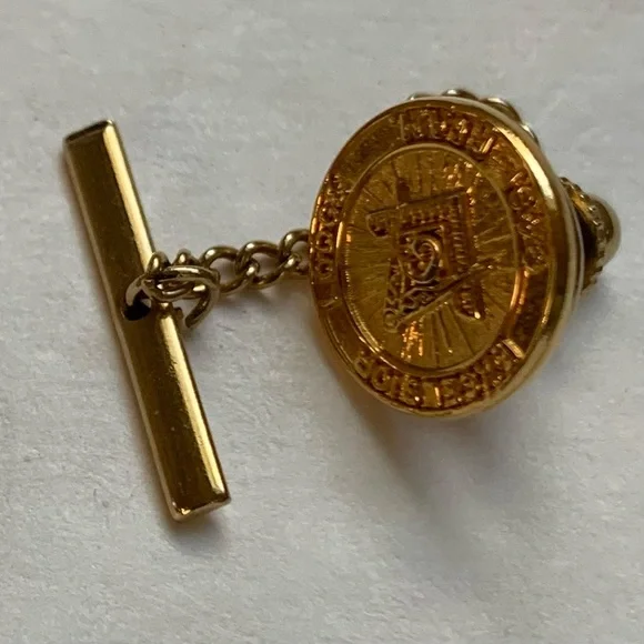 Vintage Masonic 1/20 10K GP  Tie Tack with Safety Chain Excelsior Lodge Pin 3D - Picture 3 of 10
